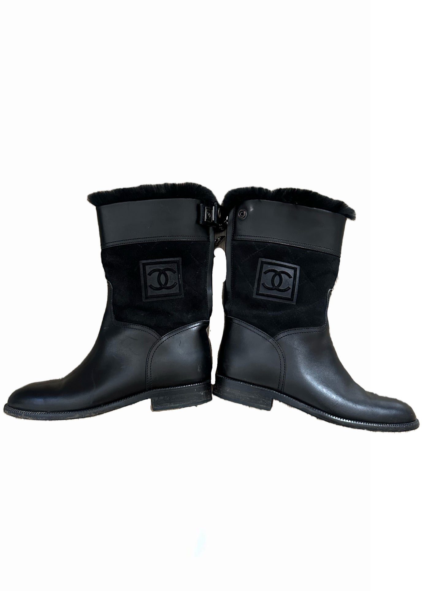 Chanel Vintage Black Rabbit Fur Trim Logo Calf Length Boots