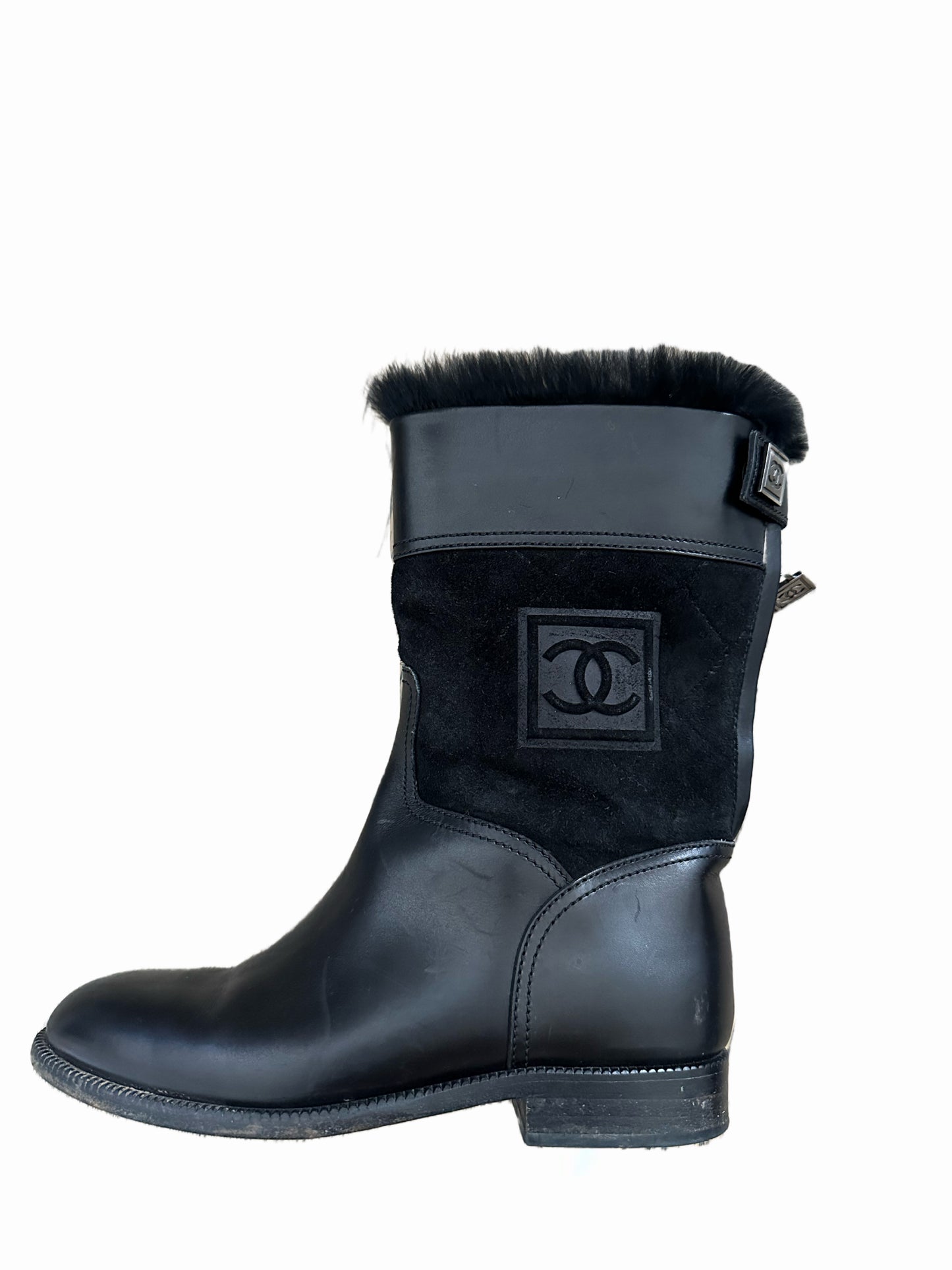 Chanel Vintage Black Rabbit Fur Trim Logo Calf Length Boots