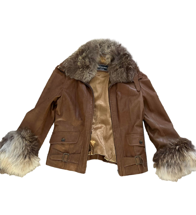 Authentic Brown Leather Jacket with Fur Trim