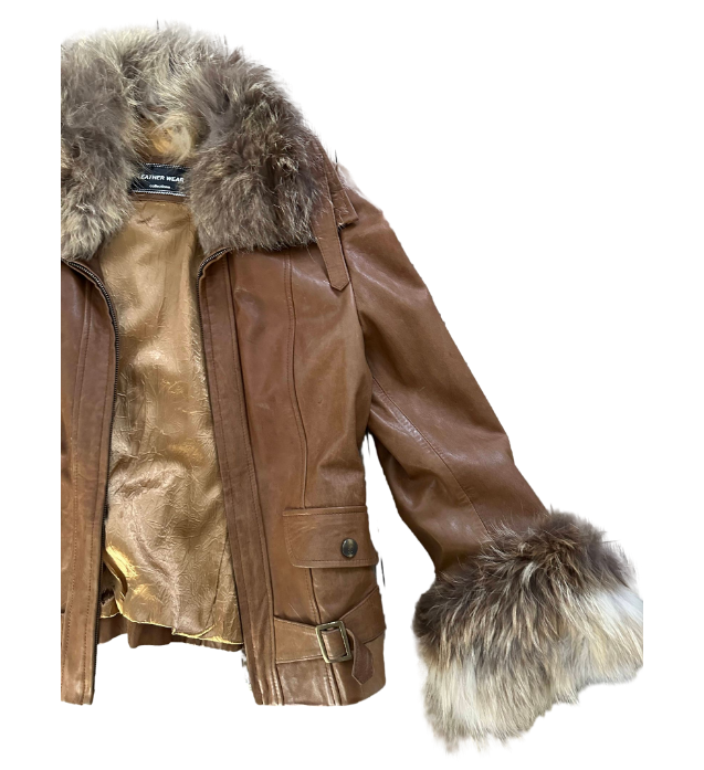 Authentic Brown Leather Jacket with Fur Trim