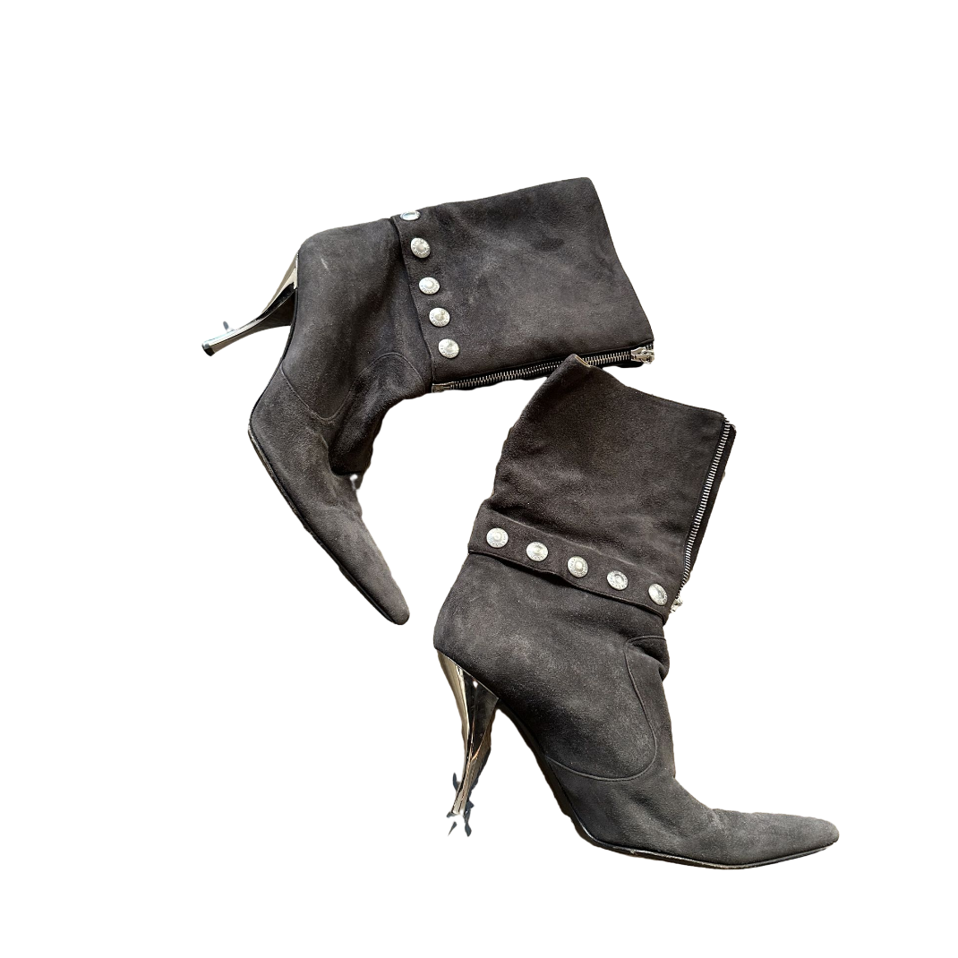 D&G Grey Brown Suede Studded Pointed Toe Heeled Boots with Zipper Detail