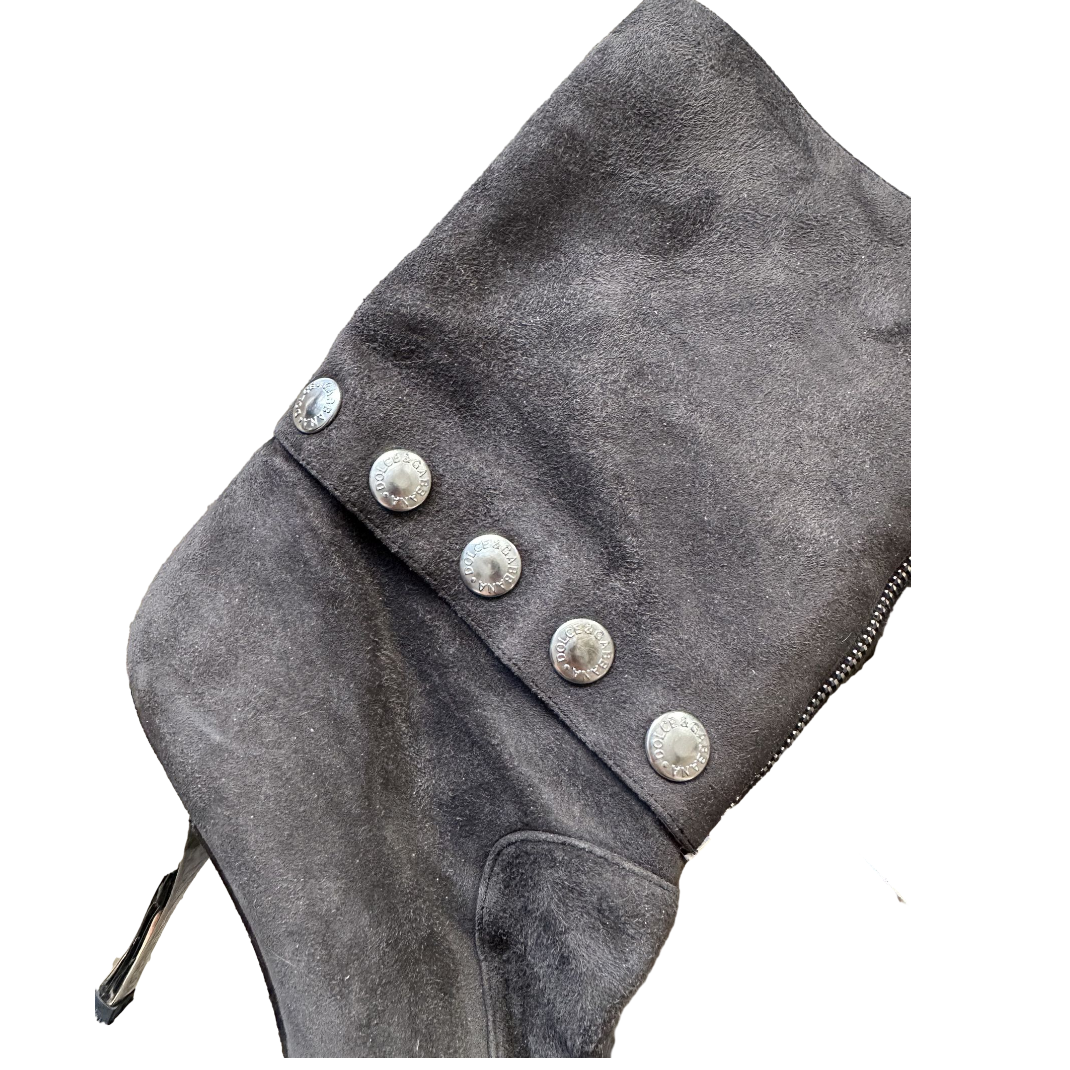 D&G Grey Brown Suede Studded Pointed Toe Heeled Boots with Zipper Detail