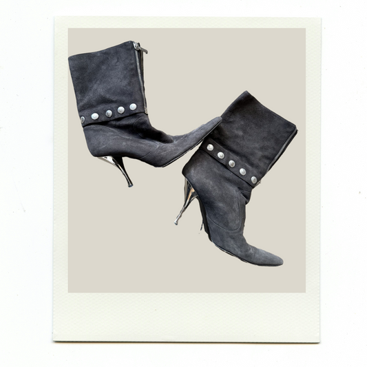 D&G Grey Brown Suede Studded Pointed Toe Heeled Boots with Zipper Detail