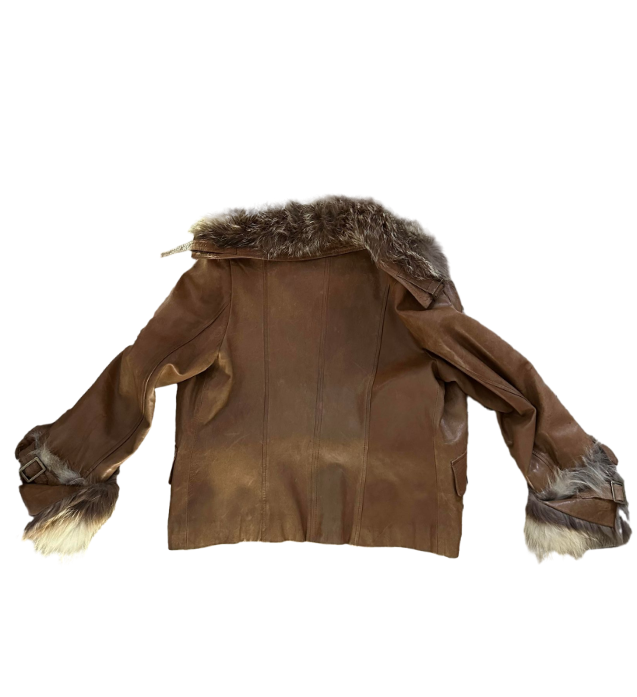 Authentic Brown Leather Jacket with Fur Trim